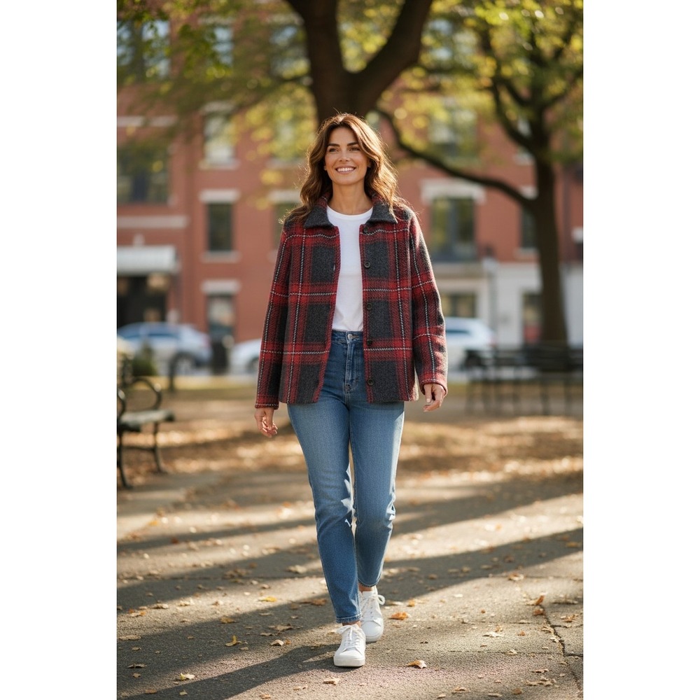 J Jill Red Black Plaid Wool Blend cardigan S jacket Cozy Cottagecore Preppy Fall - Picture 10 of 10